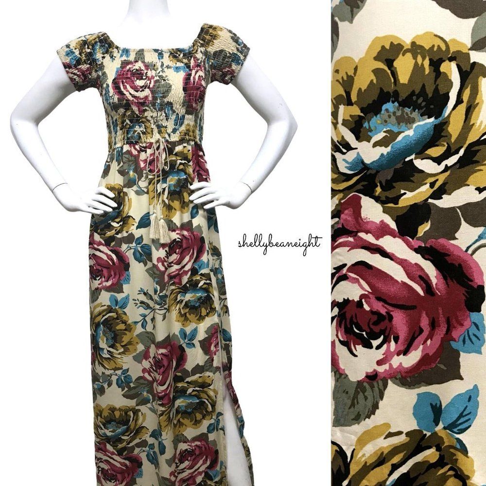 BAND Of GYPSIES Floral Smocked Slit Maxi Dress M S